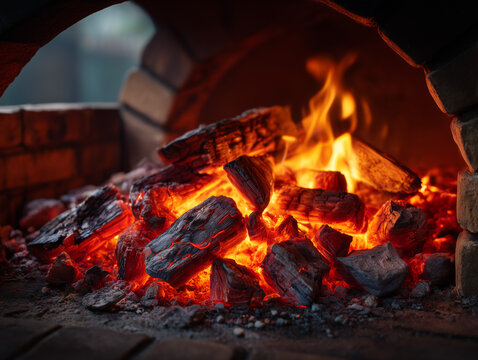 Burning wood embers glowing inside brick oven