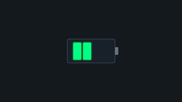 A digital illustration of a battery icon showing two green bars, indicating a partial charge level on a dark background.
