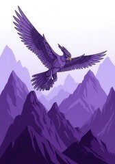 Obraz premium Ornamental bird of prey flies over purple mountain peaks.