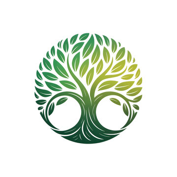 Tree of life circular emblem, green organic leaf logo on white background, stylized nature symbol for wellness and environmental branding