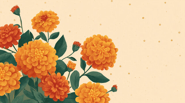 Indian vintage floral frame with red and orange marigold flowers and green leaves on textured beige background with copy space for festive invitations wedding cards and traditional designs
