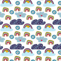 Obraz premium Vector seamless pattern on a light isolated background with clouds and rainbows.