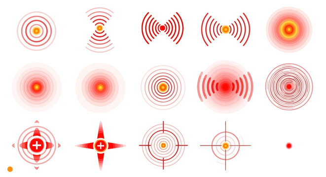Collection of red concentric circles and target symbols representing sound waves, signals, and pain points
