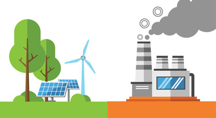 Naklejka premium Renewable Energy vs Industrial Pollution Illustration with Solar Panels, Wind Turbine, Green Nature, and Factory Smoke Emissions Concept in Flat Vector Style