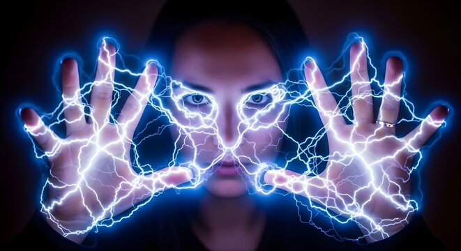 Empowered Woman Channeling Blue Lightning and Energy