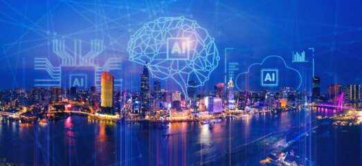 Fototapeta premium Wide urban panorama of Ho chi minh or Saigon city, Vietnam with AI brain, icons cloud nodes and network overlay for technology intelligence connect