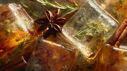 Close-up of clear ice cubes infused with herbs and spices, some visible © Albert