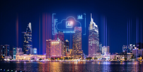 Fototapeta premium City skyline with AI cloud control interface and data center technology