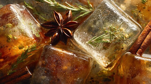 Close-up of clear ice cubes infused with herbs and spices, some visible