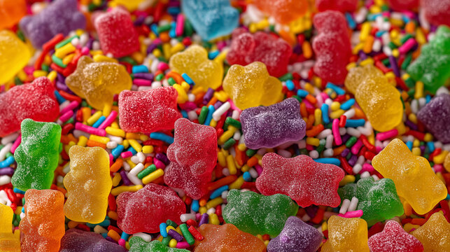 カラフルなスプリンクルシュガーの中に埋もれた色鮮やかなクマのグミの俯瞰