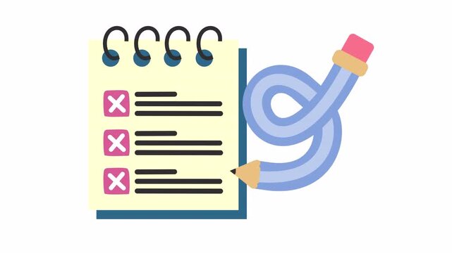 Wrong check mark on spiral notebook checklist icon with flexible blue pencil cartoon isolated on an alpha channel. Flat design animation of a task management and rejected document validation project.