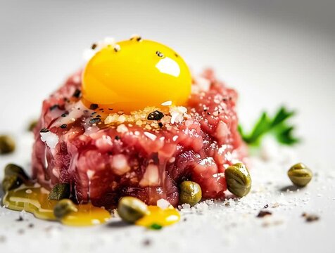 Steak tartare with raw egg yolk, capers and pepper
