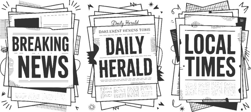 Three stacks of newspapers with headlines breaking news daily herald and local times in a hand drawn style