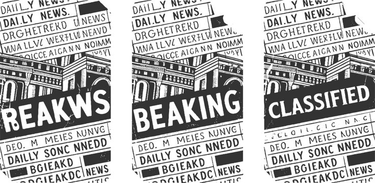 Three newspaper pages with headlines b r e a k i n g n e w s and c l a s i f i e d in bold white text on dark backgrounds