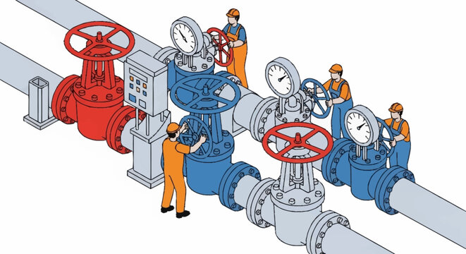 Industrial workers operating large valves and gauges on pipes.