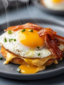 Delicious bacon and fried egg breakfast sandwich garnished with chives
