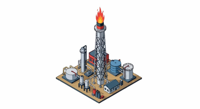 Industrial oil refinery complex with a tall flare stack burning gas.