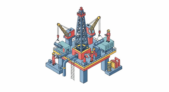 Offshore oil rig platform industrial construction isometric view.