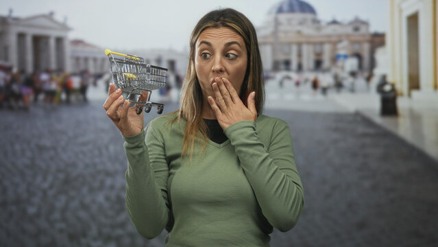 Young blonde woman holding a small shopping cart and covering her mouth with hand in front of building at st peter square; surprise.