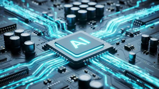 Extreme macro video: futuristic circuit board, AI chip emitting pulsating neon blue light & data streams. Dolly, tracking, chiaroscuro lighting, bokeh. Cutting-edge sci-fi concept