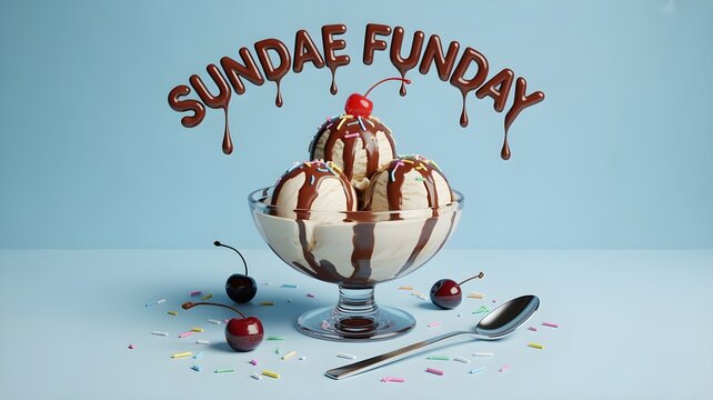 Delicious sundae with chocolate sauce and cherries on a light blue background with colorful sprinkles and a spoon