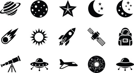 Collection of fifteen minimalist black and white space exploration icons on a white background © MohammadSakhawat