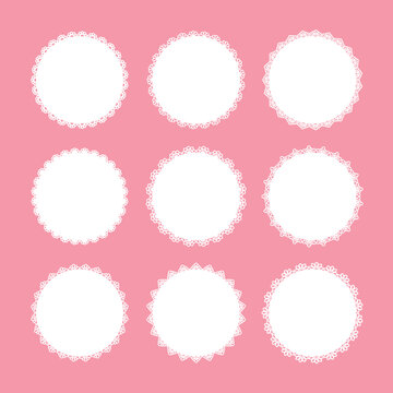 Set of nine white lace doily frames on a pink background. Decorative round paper coasters and floral lace borders for greeting cards, scrapbooking, and wedding invitations in flat vector style.