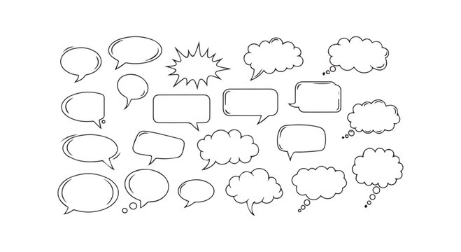 Assortment of hand-drawn speech bubbles and thought clouds in various shapes for communication.
