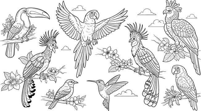 Tropical Birds including Parrots, Hummingbirds, and Toucan on Branches with Flowers