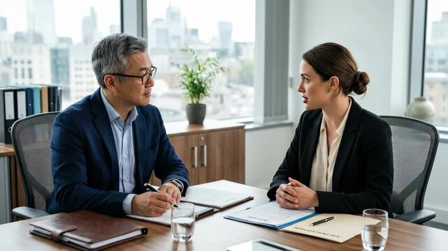Business manager interviewing candidate in office, professional setting with desk and documents, focused conversation and serious tone, shot on Sony A7R IV,no logos
