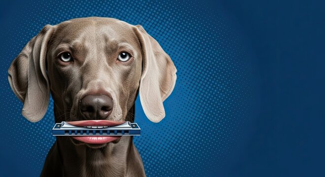 Weimaraner dog holding harmonica in mouth showcasing playful expression. This funny meme design features a Weimaraner on vibrant blue backdrop, ideal for humorous pop art or pet-themed projects.