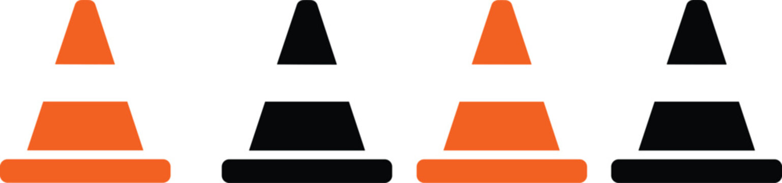 Traffic cone icon set in orange and black colors for road construction safety warning and under maintenance website page vector illustration 
