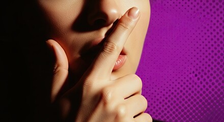 Fototapeta premium Mysterious woman with finger on lips signaling silence, soft lighting on face against vibrant colored background. Woman's gesture emphasizes secrecy, a concept for intriguing lifestyle content,