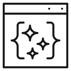 Clean Code and Programming Optimization Vector Icon Illustration: A Minimalist Black Line Symbol of a Browser Window with Curly Braces and Sparkles Representing AI Coding and Smart Software © Shahbaz