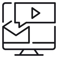 Black line vector icon illustration of a computer monitor displaying an email envelope and a video play button speech bubble, representing digital communication and multimedia messaging. © Shahbaz