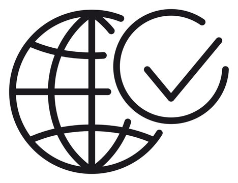 Black line vector icon illustration of a globe with a checkmark symbol, representing global verification, international standards, world approval, global success, and environmental certification.