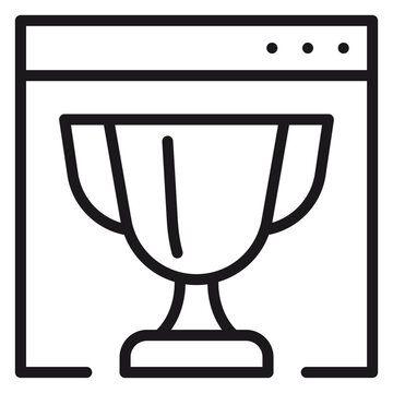 Black line art vector icon illustration of a trophy cup inside a web browser window, symbolizing digital achievement, online success, web competition winner, ranking, and gamification rewards.