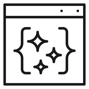 Clean Code and Programming Optimization Vector Icon Illustration: A Minimalist Black Line Symbol of a Browser Window with Curly Braces and Sparkles Representing AI Coding and Smart Software