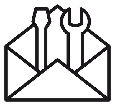 Black line art vector icon of an open envelope with a screwdriver and a wrench inside, symbolizing technical support, email maintenance requests, customer service, and repair help desk services.