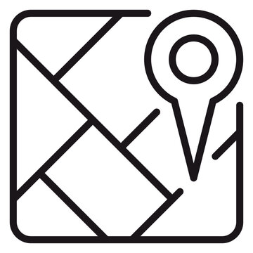 Minimalist black line vector icon of a map with a location pin marker, representing navigation, travel, GPS tracking, and destination points for web and mobile app interface design.