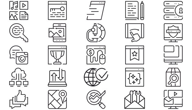 25 Minimalist Black Vector Icon Set Bundle for Web Design, Technology, and Business. Includes Cybersecurity, SEO, Cloud Computing, Mobile UI, Data Analysis, Social Media, and Technical Support Icons.