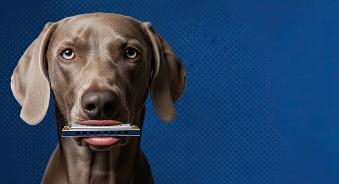 Dog playing harmonica in colorful pop art style background. This humorous design features a brown dog holding a harmonica with a vibrant blue backdrop,