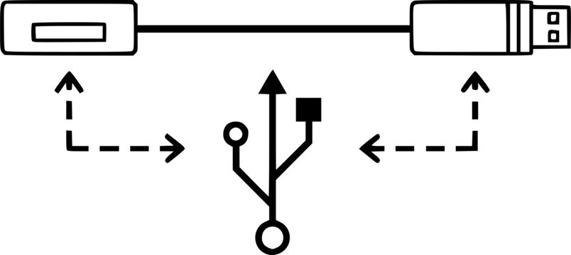 Universal serial bus hardware connection and computer data transfer symbol for peripheral connectivity and electronic technology featuring a simple black line art usb pictogram &ndash; Black Vector Illustra