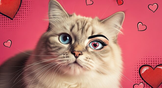 Cute cat portrait with pop art style, featuring playful elements like hearts and whimsical designs, creating a humorous atmosphere. Perfect for funny meme content related to pets and pop art design.