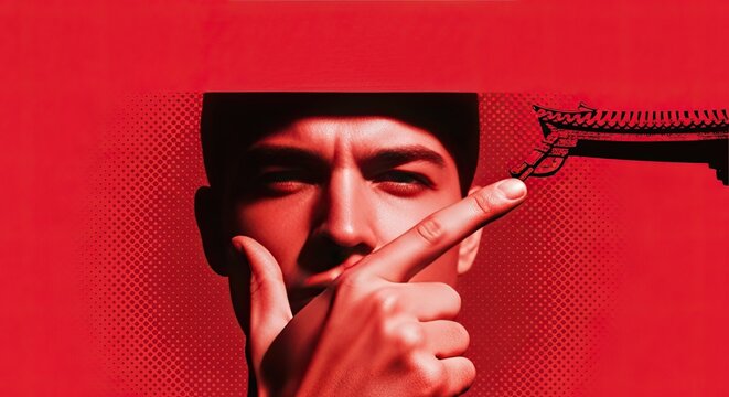 Bold pop art design with red background featuring person making a gesture of holding a gun. Concept conveys intense emotions while adding humor to pop culture theme. Perfect for funny meme creation.