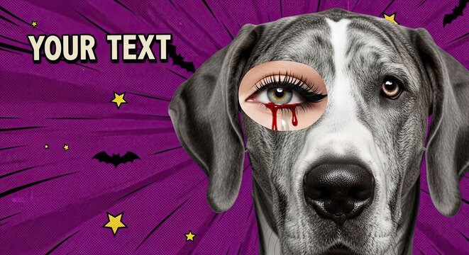 Funny meme with dog pop art design featuring creative eye and blood effect on purple background. Unique meme concept for artistic pet lovers and humorous designs,