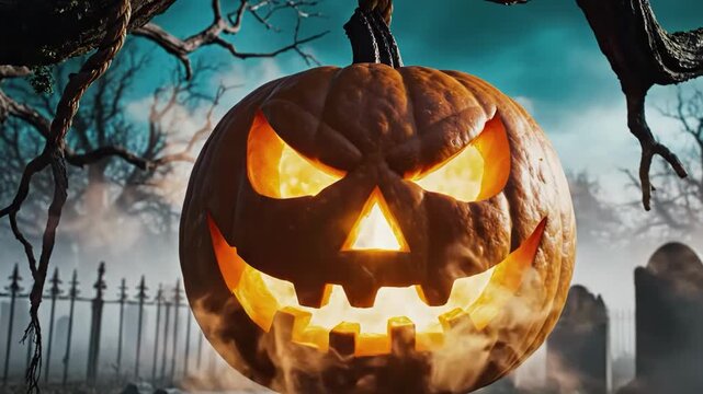 Spooky jackolantern hanging from a dead tree branch in a foggy graveyard