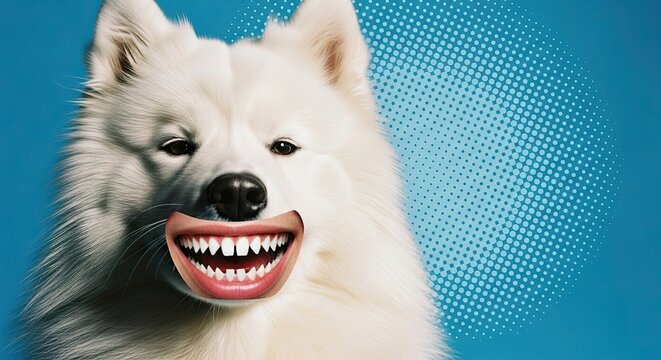 Playful Samoyed dog with exaggerated smiling mouth on bright blue background. Energetic Samoyed showcases comical expression, perfect for memes and pop art design.