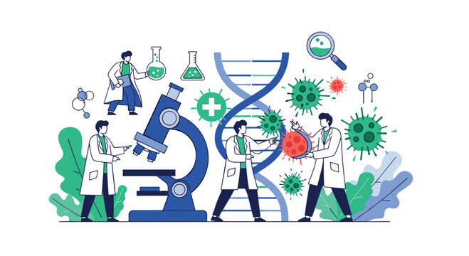 Scientists in lab coats working with microscope and virus samples on transparent background