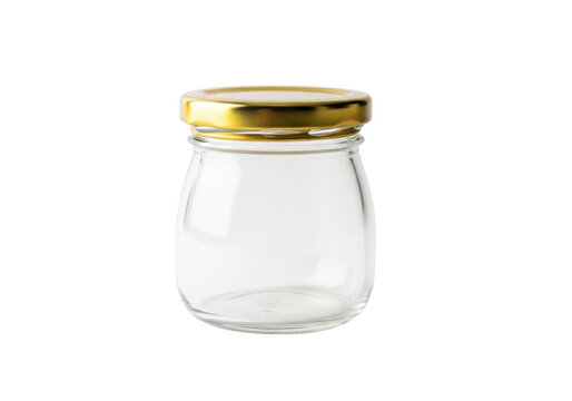 Small empty glass jar with gold lid isolated on transparent background